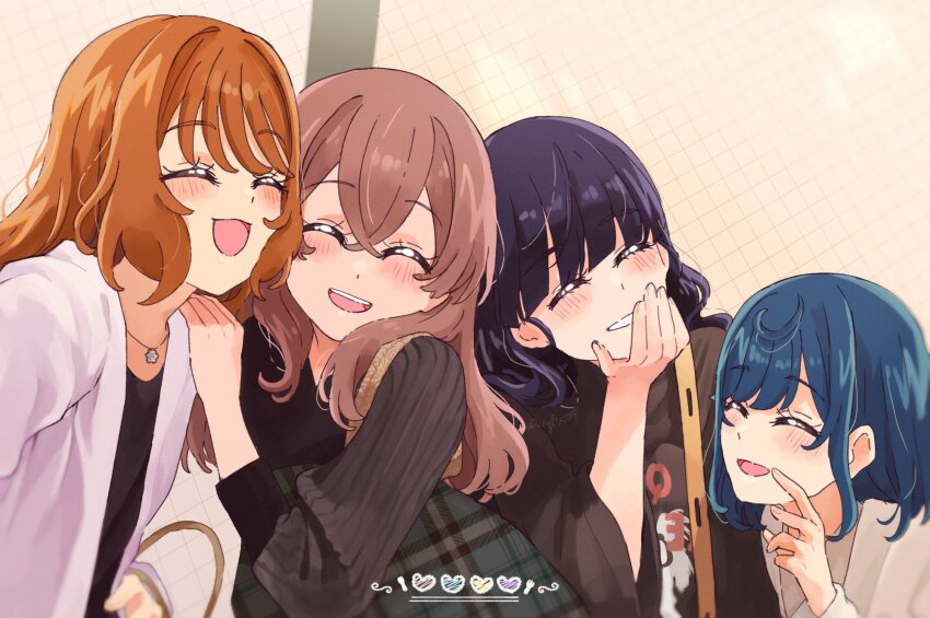 4girls against_wall blue_eyes blunt_bangs blurry blush bob_cut brown_hair closed_eyes delicious_party_precure depth_of_field fuwa_kokone gingham_skirt hanamichi_ran hands_on_another&#039;s_shoulders hands_on_own_face highres jacket jewelry kasai_amane long_hair medium_hair miri_(crafimiri) multiple_girls nagomi_yui necklace open_clothes open_jacket open_mouth parted_bangs precure purple_hair selfie smile upper_body v