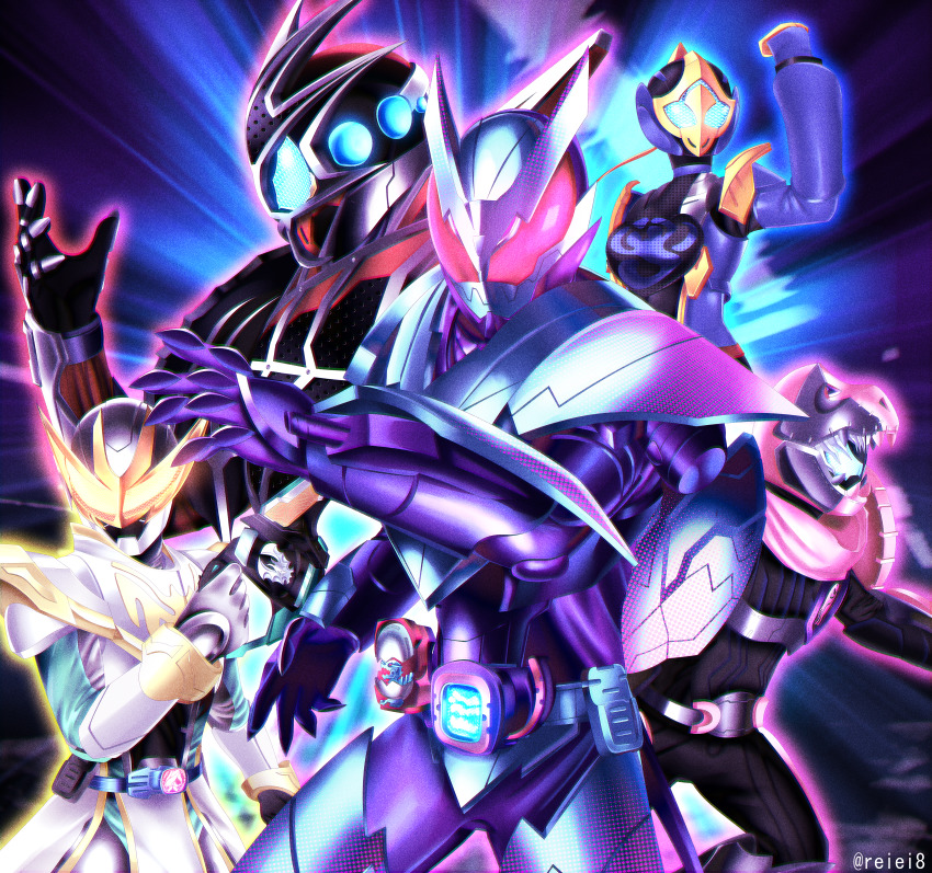 1girl 4boys absurdres animal_ears animal_hood animal_print aqua_eyes armor aura barid_rex barid_rex_vistamp bat_(animal) bat_genome beetle bird black_armor blue_armor blue_eyes bodysuit breasts brother_and_sister brothers bug clenched_hand cobra_(animal) compound_eyes cowboy_shot deadmen_(kamen_rider_revice) demon demon_boy dress rider_belt eagle everyone extra_eyes fighting_stance finishing_move gloves glowing glowing_eyes gold_gloves group_picture hat highres hood horns insect kamen_rider kamen_rider_demons kamen_rider_jeanne kamen_rider_live kamen_rider_revi kamen_rider_revice kamen_rider_vice karate livegun looking_at_viewer martial_arts mask medium_breasts multiple_boys olteca_(kamen_rider_revice) open_hands phone pink_eyes pink_horns pink_scarf purple_gloves red_armor red_eyes reiei_8 reiwa revice_driver rex_genome rider_belt scarf sharp_teeth shield shoulder_armor siblings silk spider_genome spider_web spider_web_print stamp_mark tail teeth tokusatsu top_hat two_sidriver tyrannosaurus_rex upper_body visor vistamp weapon white_armor yellow_eyes