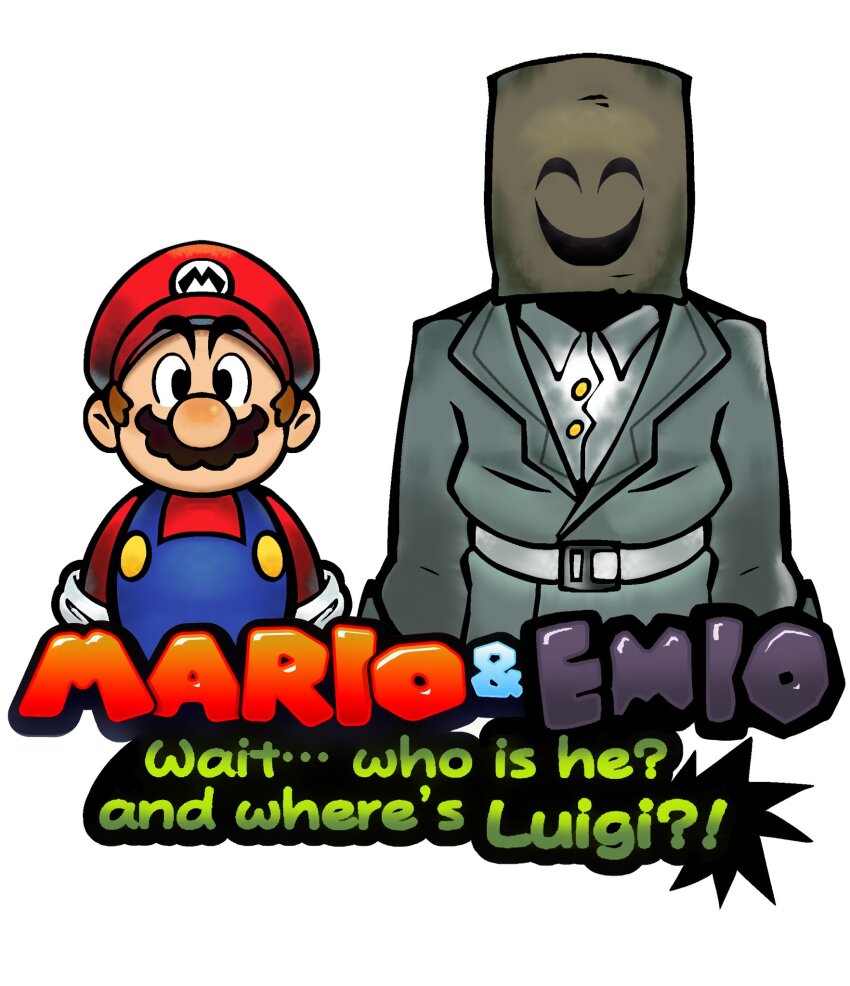 2boys bag belt brown_hair captainclaood coat emio facial_hair famicom_tantei_club hat highres logo male_focus mario mario_&amp;_luigi_rpg mario_(series) mask multiple_boys mustache nintendo overalls paper_bag parody trench_coat upper_body white_background
