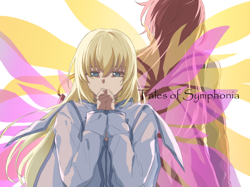 1boy 1girl back-to-back blonde_hair blue_eyes blue_trim colette_brunel dress english_text hair_between_eyes long_hair long_sleeves pink_wings praying red_hair red_shirt shirt standing tales_of_(series) tales_of_symphonia tororo_soba_p white_background wings yellow_wings zelos_wilder