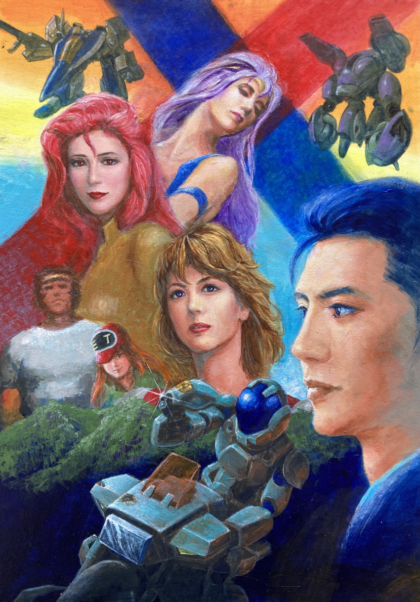 absurdres aiming aisha_(mospeada) alien armor bandana blonde_hair energy_cannon energy_gun flying gerwalk gurab hat helmet highres houquet_et_rose inbit jim_warston kikou_souseiki_mospeada legioss lens_flare mecha mint_labule mospeada mospeada_(mecha) painting_(medium) power_armor purple_hair ray_(mospeada) ray_gun realistic red_eyes red_hair ride_armor robot scan science_fiction shield sideburns stick_bernard traditional_media user_mwct2434 weapon yellow_belmont