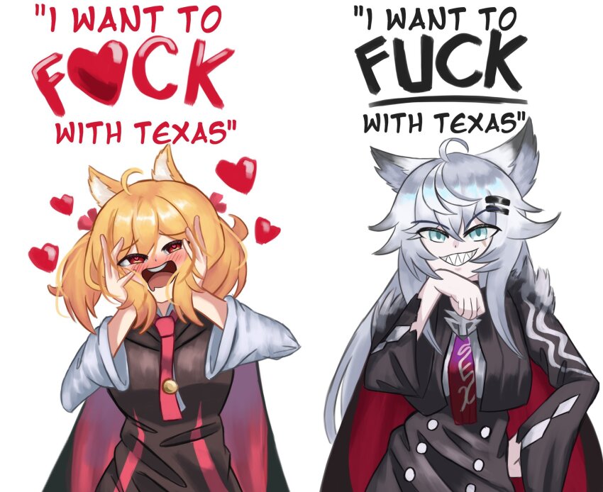 2girls :d ahoge animal_ears arknights black_dress black_jacket blonde_hair blush commentary dress english_commentary grey_hair hair_ornament hairclip heart highres jacket lappland_(arknights) lappland_the_decadenza_(arknights) long_sleeves meme mintmosse multiple_girls necktie open_mouth profanity red_eyes red_necktie short_hair simple_background smile sora_(arknights) twintails white_background wolf_ears