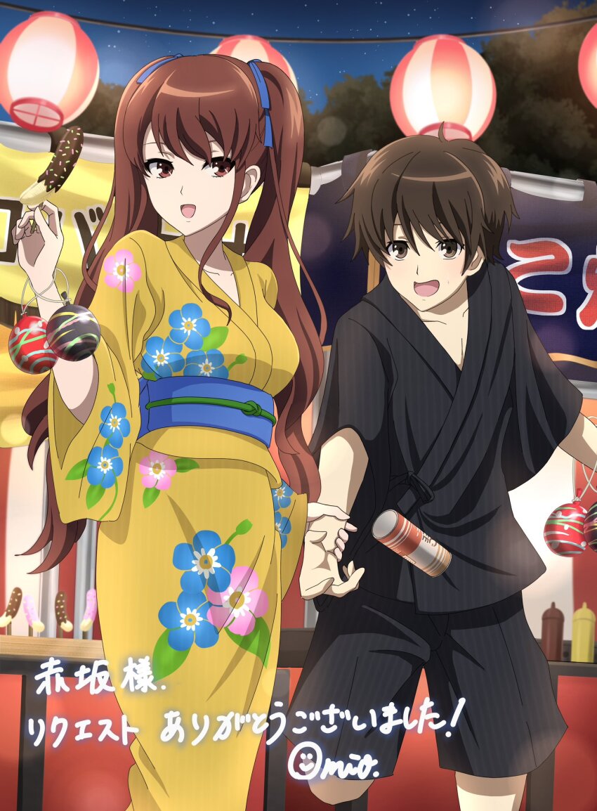 1boy 1girl akazawa_izumi another artist_name black_shirt blue_sash breasts brown_eyes brown_hair chocolate_banana clothing_request collarbone commentary_request commission feet_out_of_frame food highres holding holding_another&#039;s_wrist holding_food japanese_clothes kimono long_hair market_stall medium_breasts night night_sky obi omio open_mouth red_eyes sakakibara_kouichi sash shirt short_hair sidelocks skeb_commission sky star_(sky) starry_sky summer_festival translation_request twintails yellow_kimono yukata