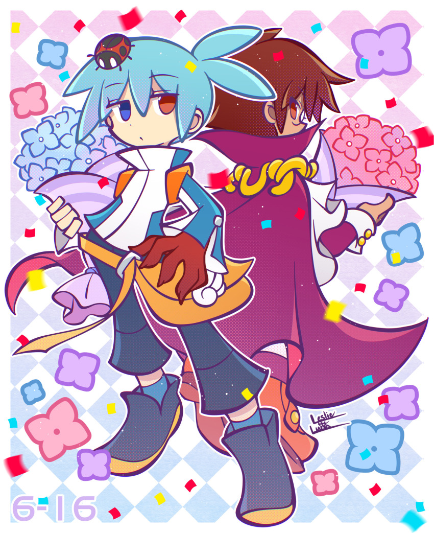 2boys animal animal_on_head back-to-back bag black_footwear black_pants blue_background blue_eyes blue_hair blue_jacket blue_socks border bouquet brown_bag brown_hair bug cape carrying carrying_under_arm checkered_background closed_mouth confetti dot_nose flower full_body glasses gradient_background hair_between_eyes hand_on_own_hip heterochromia highres holding holding_bouquet insect jacket jitome klug_(puyopuyo) ladybug leslietheluna long_sleeves looking_back male_focus messenger_bag multicolored_jacket multiple_boys mystical_high_collar on_head outline oversized_limbs pants pink_background puyopuyo puyopuyo_fever_2 red_cape red_eyes short_hair shoulder_bag sig_(puyopuyo) socks standing strange_klug two-tone_background two-tone_jacket waist_bag white_border white_jacket white_outline