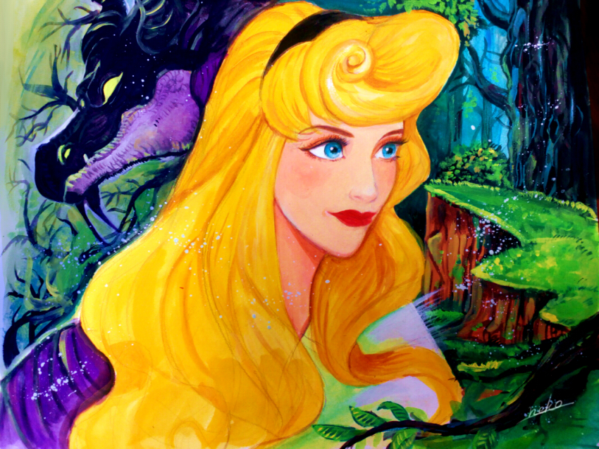 2girls aurora_(disney) blonde_hair blue_eyes dragon dress forest long_hair long_sleeves looking_at_viewer makeup maleficent multiple_girls nature nyamunekonabe sleeping_beauty_(disney) tagme toon_(style)