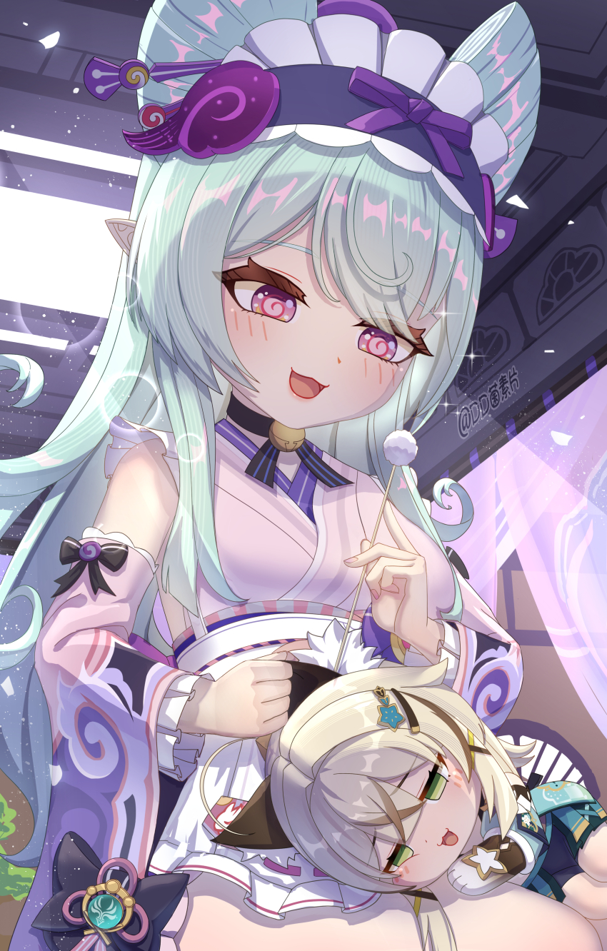 2girls absurdres anemo_symbol_(genshin_impact) animal_ear_fluff animal_ears aqua_gemstone black_bow black_choker blank_eyes blue_hair blush bow brown_hair cat_ears chibi chinese_commentary choker commentary_request dd_che_shen detached_sleeves ear_cleaning fingernails frilled_hairband frills gem genshin_impact green_eyes hair_between_eyes hair_ornament hairband hairclip highres holding_another&#039;s_ear holding_ear indoors japanese_clothes kimono kirara_(genshin_impact) lap_pillow long_hair long_sleeves mimikaki multiple_girls open_mouth pink_kimono purple_eyes purple_gemstone sunlight symbol-shaped_pupils very_long_hair vision_(genshin_impact) yumemizuki_mizuki