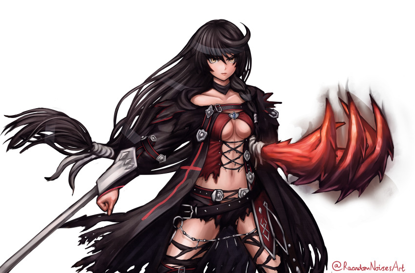 1girl absurdres artist_name bandaged_arm bandages black_choker black_hair braid breasts choker claw_(weapon) collarbone cowboy_shot dragon_claw hair_between_eyes highres looking_at_viewer medium_breasts navel pointy_ears randomnoisesart shorts solo standing tales_of_(series) tales_of_berseria thighhighs thighs torn_clothes torn_shorts torn_thighhighs transparent_background underboob velvet_crowe weapon yellow_eyes