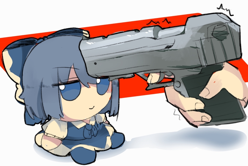 7-mirano blue_bow blue_dress blue_eyes blue_hair blue_shoes bow character_doll cirno doll dress fumo_(doll) gun_to_head hair_bow highres ice ice_wings pinafore_dress shoes sleeveless sleeveless_dress touhou wings