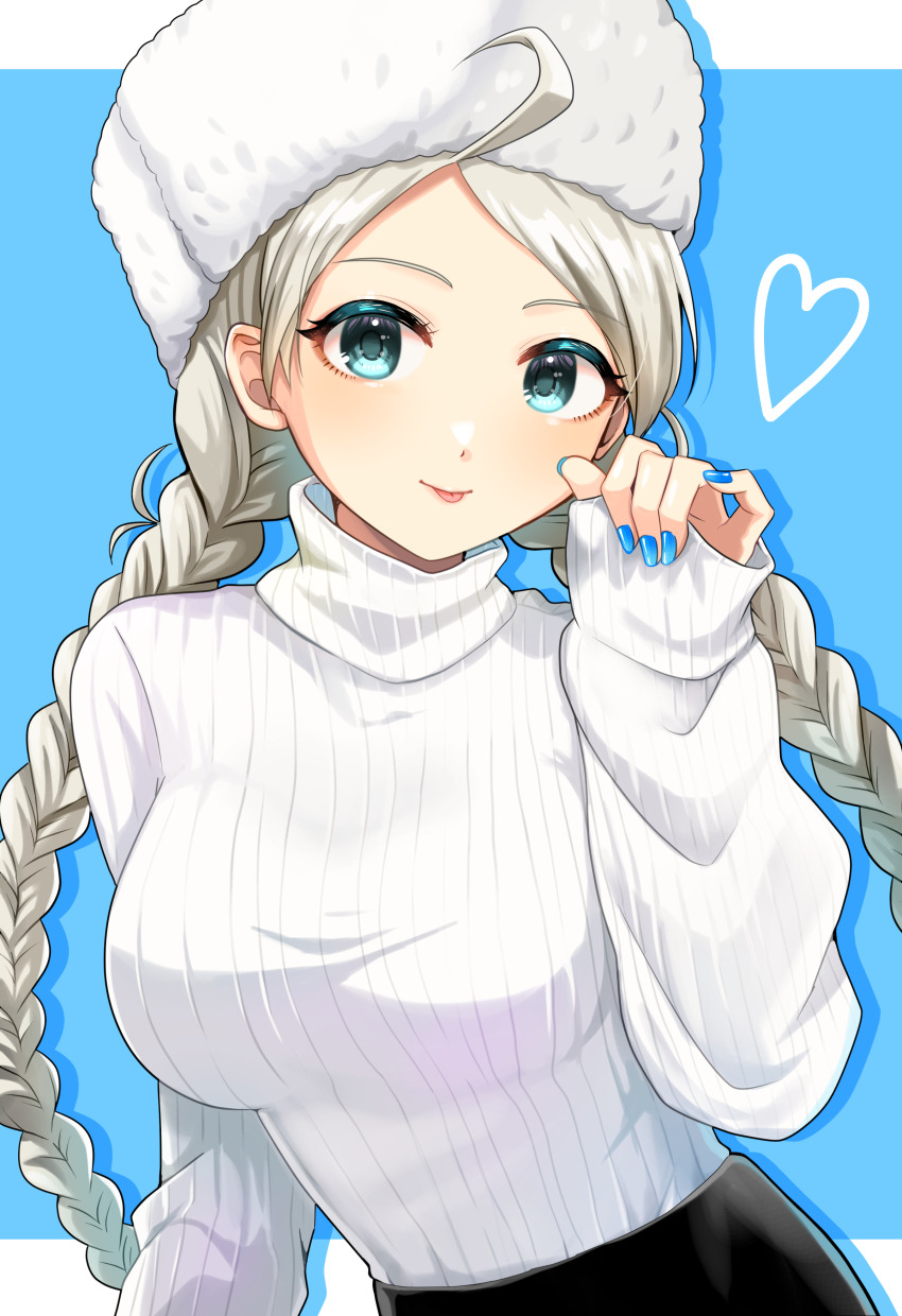 1girl absurdres ahoge alternate_costume ayaca blue_background blue_eyes blue_nails braid breasts commission commissioner_upload fire_emblem fire_emblem_fates fur_hat hat heart highres large_breasts long_hair looking_at_viewer low_twin_braids low_twintails nail_polish nina_(fire_emblem) nintendo non-web_source parted_bangs skeb_commission solo sweater tongue tongue_out turtleneck turtleneck_sweater twin_braids twintails upper_body ushanka white_hair white_hat white_sweater