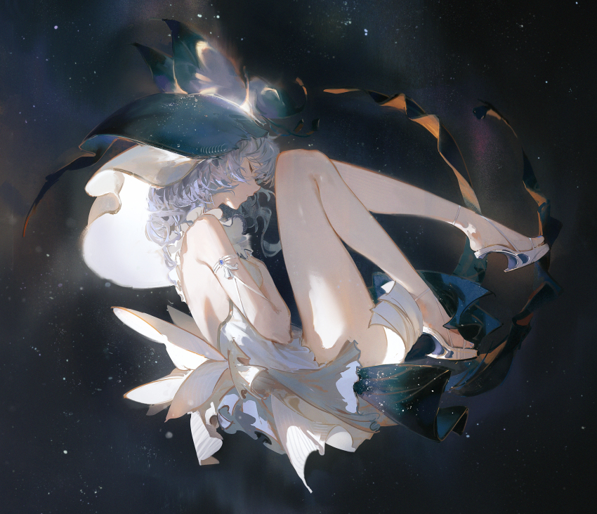 1girl absurdres arm_strap armlet bare_legs blue_gemstone blue_nails blue_veil breasts closed_eyes commentary diffraction_spikes dino_(dinoartforame) dress feet fetal_position floating from_side gem highres jewelry knees_up large_breasts legs long_hair long_legs nail_polish night night_sky parted_lips pose_request sandals shorekeeper_(wuthering_waves) sky sleeveless sleeveless_dress solo sparkle star_(sky) toenail_polish toenails toes veil white_dress wuthering_waves