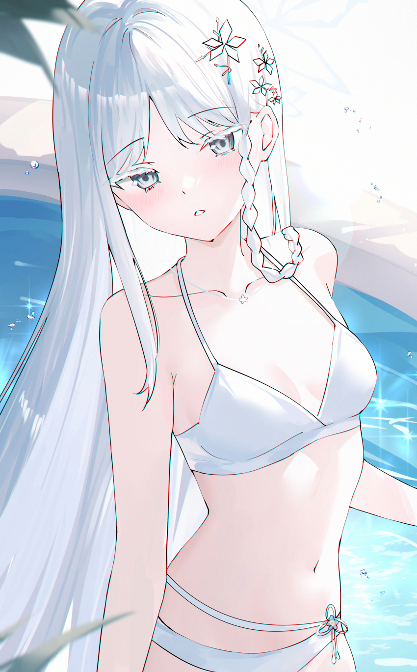 1girl absurdres bare_shoulders bikini blue_archive blush braid breasts colored_eyelashes flower hair_flower hair_ornament halo highres long_hair looking_at_viewer nagusa_(blue_archive) nagusa_(swimsuit)_(blue_archive) navel official_alternate_costume outdoors small_breasts solo swimsuit usagi_(786113654) white_bikini white_eyelashes white_eyes white_hair white_halo