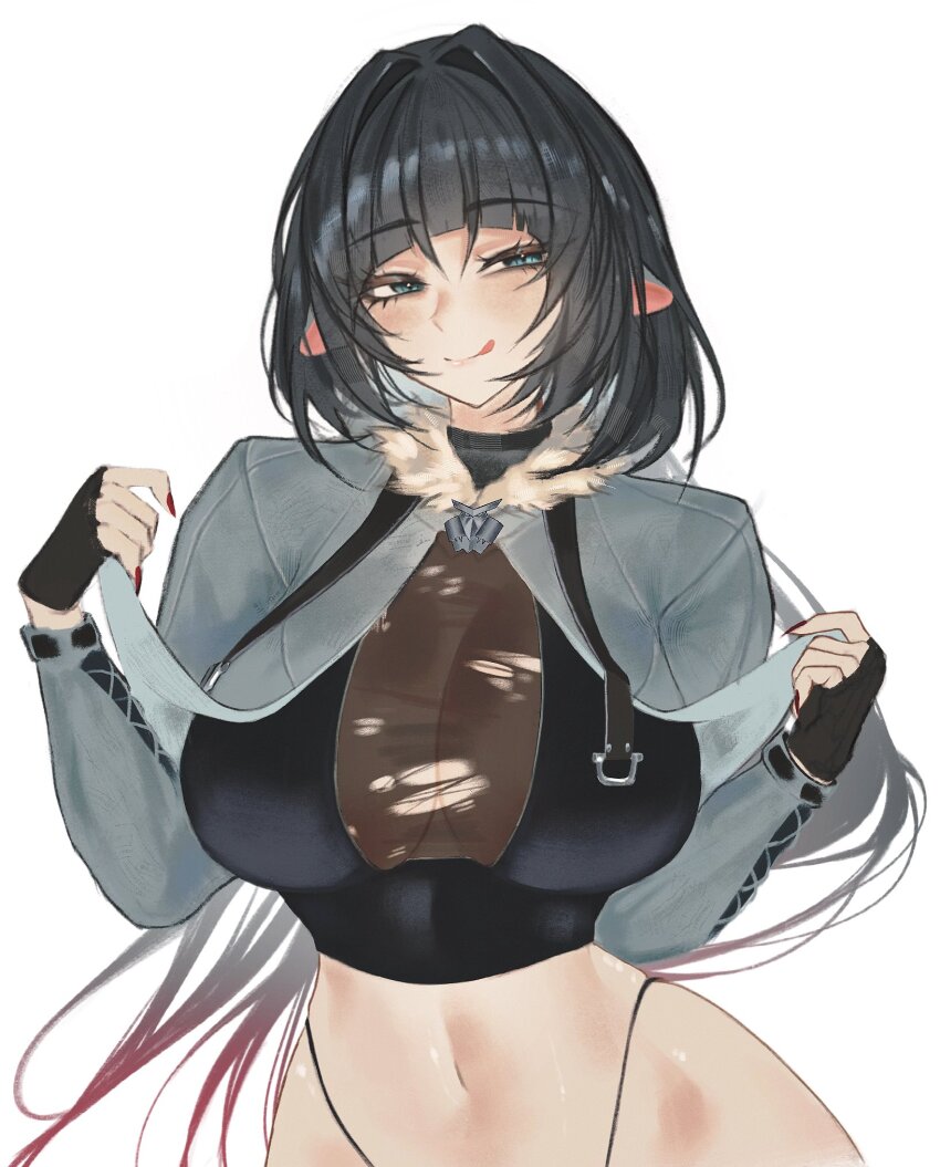 1girl :p animal_ears black_hair black_panties black_sports_bra blue_eyes blunt_bangs blush breasts cleavage closed_mouth grey_jacket highres jacket jane_doe_(zenless_zone_zero) large_breasts licking_lips mouse_(animal) mouse_ears no_pants panties panty_straps red_nails s7nsles see-through_cleavage see-through_clothes simple_background smile solo sports_bra stomach tongue tongue_out underwear upper_body white_background zenless_zone_zero