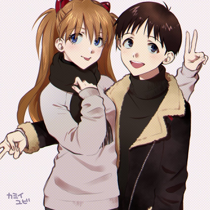 1boy 1girl blue_eyes happy highres ikari_shinji jacket neon_genesis_evangelion open_mouth orange_hair souryuu_asuka_langley tongue tongue_out v white_background yubi_kamii