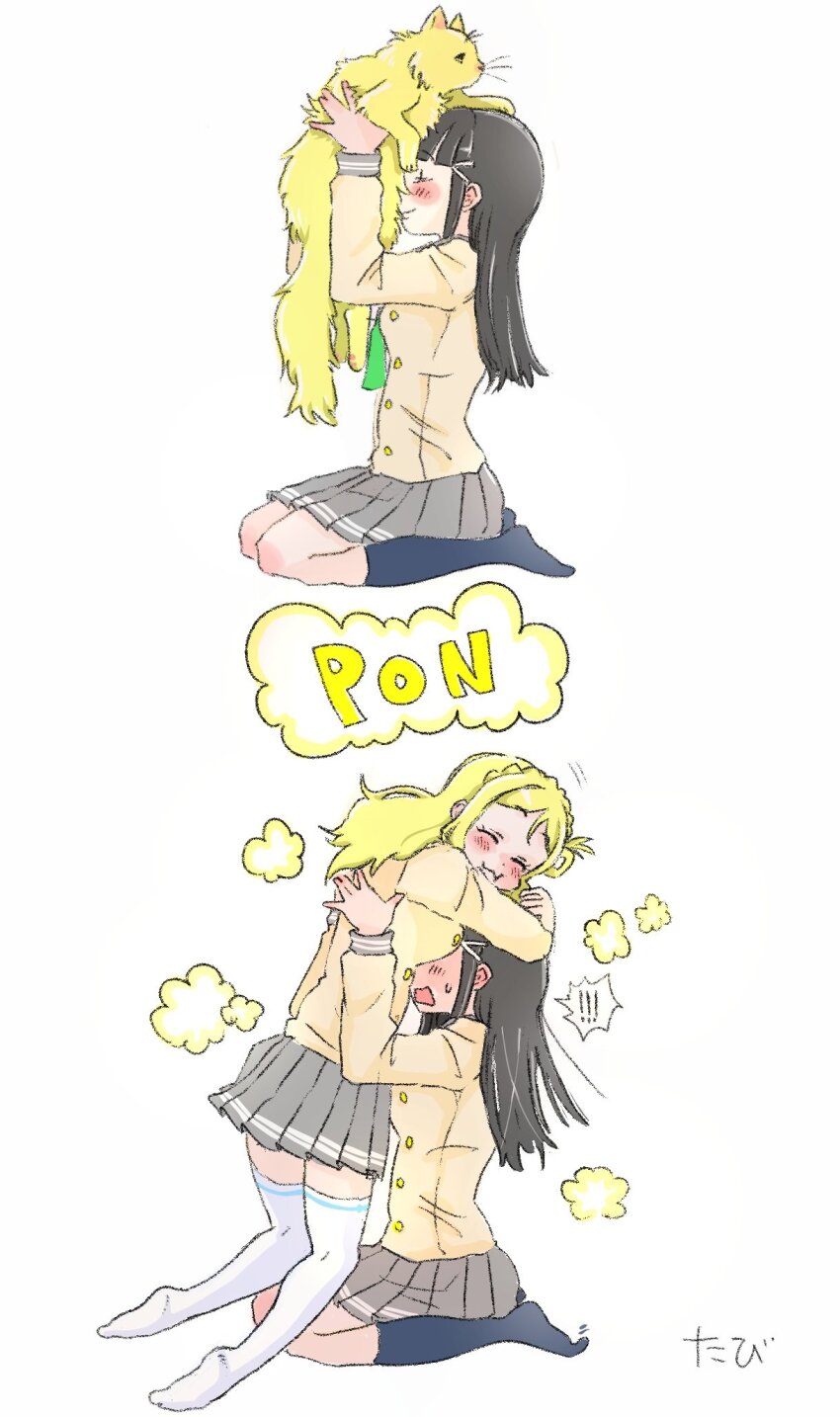 ! !! 2girls :t ^_^ animal animalization between_breasts black_hair black_socks blonde_hair blunt_bangs blush braid breasts buttons cat closed_eyes commentary crown_braid double-breasted face_between_breasts green_neckerchief grey_sailor_collar grey_skirt hair_rings head_between_breasts highres holding holding_animal holding_cat kneehighs kurosawa_dia long_hair long_sleeves love_live! love_live!_sunshine!! miniskirt multiple_girls neckerchief ohara_mari pleated_skirt sailor_collar school_uniform serafuku shirt sidelocks single_hair_ring skirt socks spoken_exclamation_mark symbol-only_commentary thighhighs transformation ukakoro2132 uranohoshi_school_uniform white_thighhighs winter_uniform yellow_shirt yuri zettai_ryouiki
