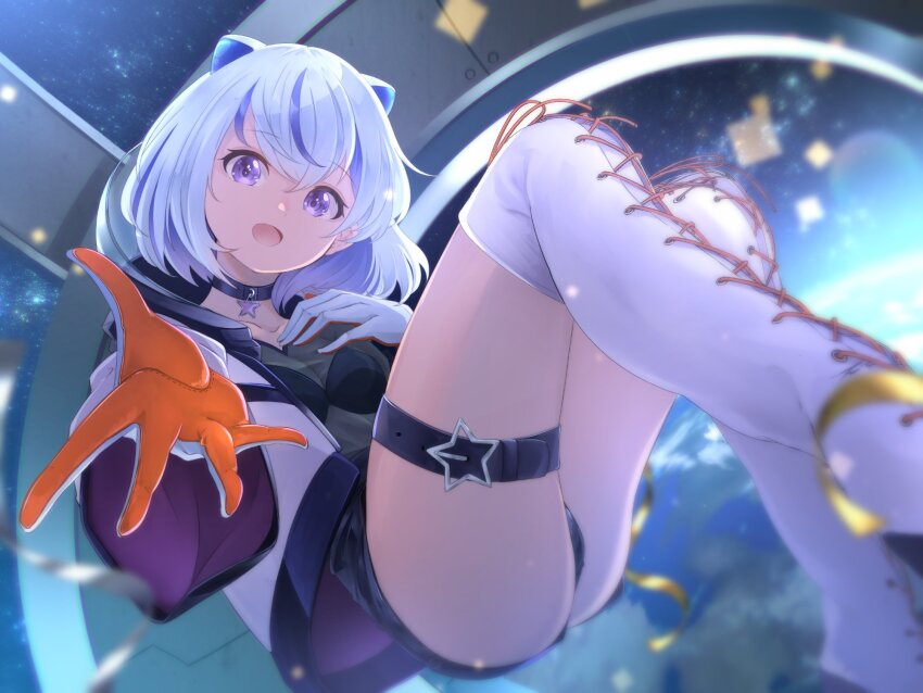 1girl :d animal_ears ass atonoworks black_choker blue_hair blurry blurry_background boots choker colored_inner_hair commentary_request gloves grey_hair highres iriam looking_at_viewer medium_hair miria_(iriam) multicolored_hair open_mouth orange_gloves outstretched_arm purple_eyes smile solo star_(symbol) star_choker streaked_hair thigh_boots tongue two-tone_gloves two-tone_hair white_boots white_gloves