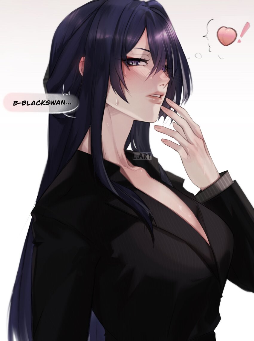 1girl absurdres acheron_(honkai:_star_rail) alternate_costume artist_name black_vest breasts commentary english_commentary food fruit highres honkai:_star_rail honkai_(series) large_breasts lart_art1 long_hair peach purple_eyes purple_hair simple_background solo spread_legs upper_body very_long_hair vest white_background