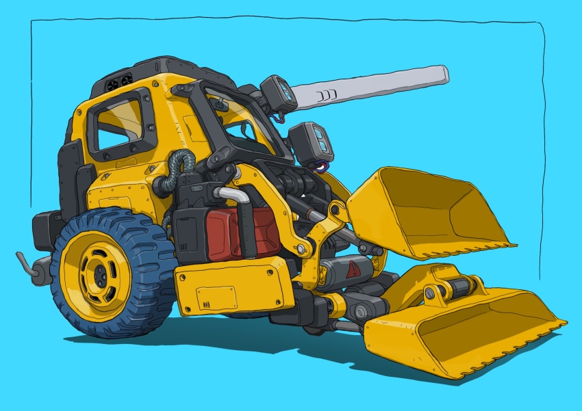 blue_background bulldozer from_side gatling_santouhei highres no_humans original science_fiction simple_background unconventional_vehicle vehicle_focus