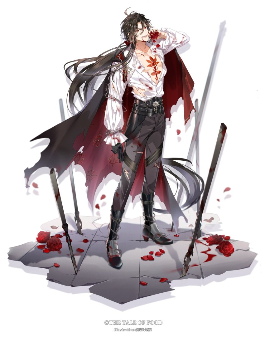 1boy :d ahoge alternate_costume artist_name belt black_belt black_boots black_cape black_gloves black_hair black_pants blood blood_from_mouth blood_on_clothes blood_on_hands boots cape chest_tattoo copyright_name crack cracked_floor curtained_hair cuts earrings falling_petals fangs flower frilled_sleeves frills full_body gem gloves hair_between_eyes hair_ribbon high_heel_boots high_heels highres holding holding_flower holding_gloves holding_unworn_clothes injury jewelry lianhua_blood_duck_(the_tale_of_food) light_particles lingcat long_hair long_sleeves looking_at_viewer low_ponytail male_focus medal official_art open_mouth pants partially_unbuttoned patterned_clothing petals planted planted_spear polearm ponytail red_cape red_eyes red_flower red_gemstone red_ribbon red_rose ribbon rose shirt simple_background single_glove smile solo spear standing tattoo teeth the_tale_of_food thorns tile_floor tiles torn_cape torn_clothes torn_pants torn_shirt two-sided_cape two-sided_fabric unworn_gloves v-shaped_eyebrows very_long_hair weapon white_background white_shirt