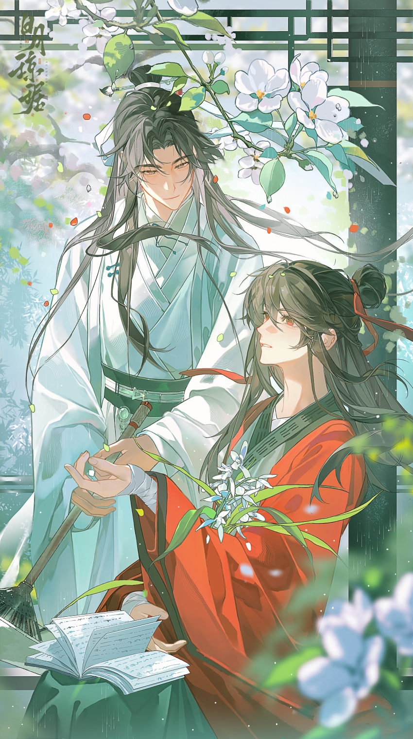 2boys absurdres artist_request bandaged_arm bandages black_hair black_hanfu blurry blurry_foreground book branch broom chinese_clothes chinese_commentary chinese_text closed_mouth coat commission dao_gui_yi_xian day falling_leaves falling_petals floating_hair flower grey_eyes hair_bun hair_ornament hair_ribbon hair_stick half_updo hanfu highres holding holding_book holding_broom holding_flower indoors lattice leaf li_huowang light_particles long_hair long_sleeves looking_at_another male_focus multiple_boys open_book open_clothes open_coat paintbrush_hair_ornament parted_bangs parted_lips petals red_coat red_eyes red_ribbon ribbon robe sash scroll second-party_source sidelocks single_hair_bun sitting smile standing watermark white_coat white_flower white_hanfu white_ribbon wide_sleeves wind yaoi zhuge_yuan