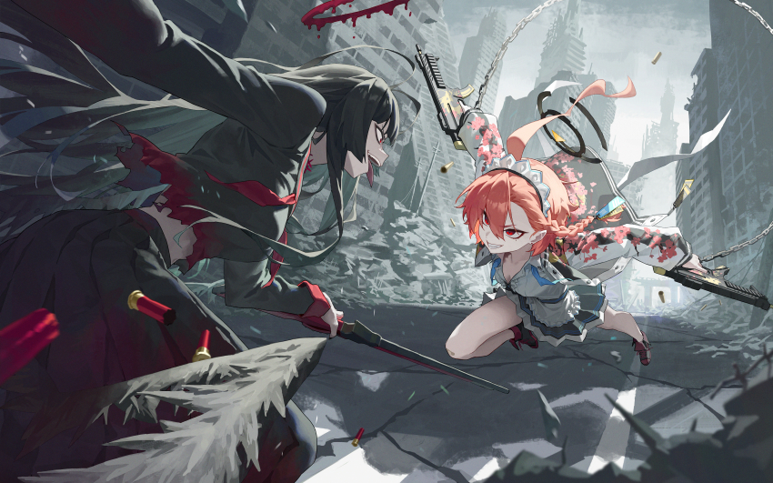 2girls absurdres ahoge antenna_hair battle black_hair black_halo black_serafuku black_wings blood blood_halo blue_archive braid building debris gun halo highres holding holding_gun holding_weapon huge_ahoge korean_commentary lever_action liquid_halo looking_at_another low_wings melting_halo midriff multiple_girls neru_(blue_archive) open_mouth orange_hair outdoors red_eyes red_halo school_uniform serafuku shotgun sig_mpx sig_sauer skirt submachine_gun tsurugi_(blue_archive) u.rang weapon winchester_model_1887 wings