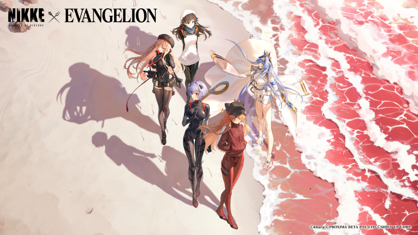 5girls absurdres animal_hat assault_rifle ayanami_rei beach beret bird black_bodysuit black_hat black_shirt black_skirt black_thighhighs blue_eyes blue_hair blue_scarf bodysuit bodysuit_under_clothes breasts brown_hair cabbie_hat cat_hat closed_mouth coat commentary crossover english_commentary evangelion:_3.0_you_can_(not)_redo eyepatch goddess_of_victory:_nikke gun hand_in_own_hair hands_in_pockets hat helm_(nikke) helmet high_heels highres interface_headset_(evangelion) jacket large_breasts long_hair long_sleeves looking_at_another looking_at_viewer mecha_pilot_suit medium_breasts moon multiple_girls neon_genesis_evangelion ocean orange_hair panties pleated_skirt plugsuit_(evangelion) rapi_(nikke) rebuild_of_evangelion red_bodysuit red_eyes red_jacket rifle sand scarf shirt short_hair skirt smile souryuu_asuka_langley standing suzuhara_sakura thighhighs underwear walking weapon white_coat white_high_heels