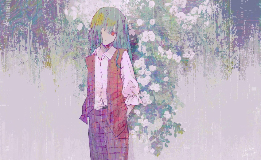 1girl chinese_commentary closed_mouth collared_shirt commentary_request expressionless floral_background flower green_hair hands_in_pockets highres kazami_yuuka kazami_yuuka_(pc-98) long_hair long_sleeves looking_at_viewer no_headwear pants plaid_clothes plaid_pants plaid_vest red_eyes red_pants red_vest shirt solo touhou touhou_(pc-98) vest white_shirt zhihuaiqiang