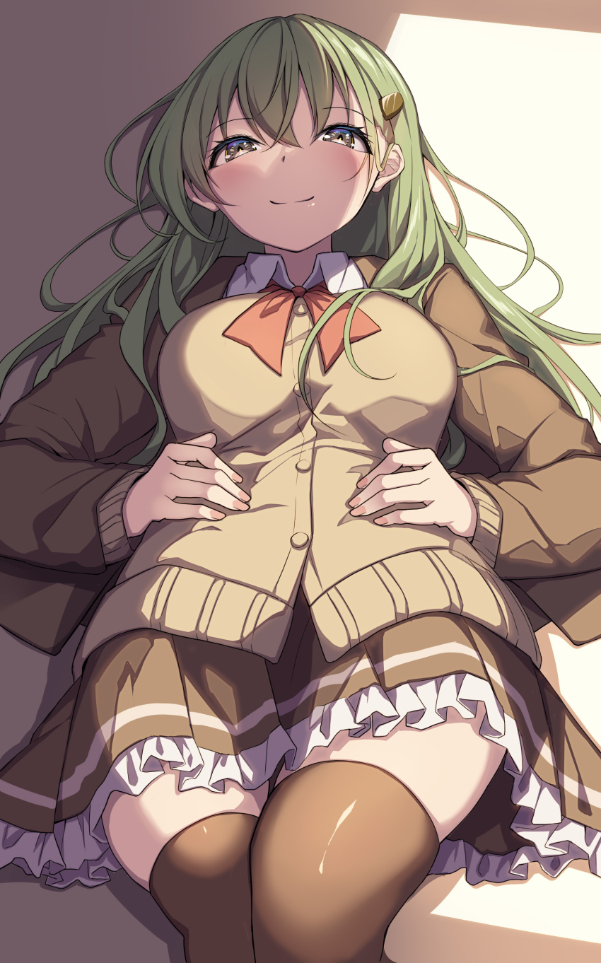 1girl absurdres ascot blazer breasts brown_jacket brown_skirt brown_thighhighs cardigan creek_(moon-sky) frilled_skirt frills green_hair grey_eyes hair_between_eyes hair_ornament hairclip highres jacket kantai_collection large_breasts long_hair looking_at_viewer lying miniskirt on_back pleated_skirt red_ascot school_uniform skirt smile solo suzuya_(kancolle) suzuya_kai_ni_(kancolle) thighhighs very_long_hair