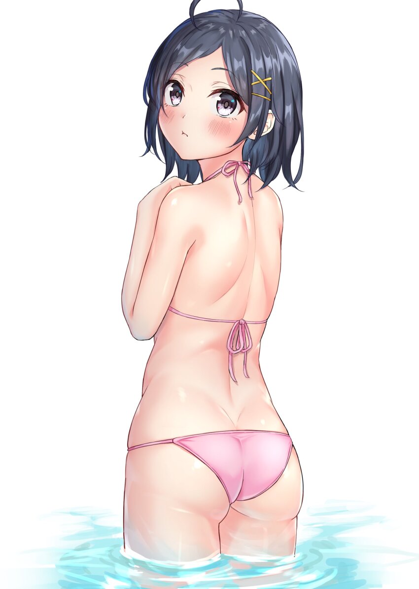 1girl absurdres ahoge ass back back_focus bikini black_eyes black_hair blush butt_crack commentary_request cowboy_shot from_behind hair_ornament halterneck hand_up highres hikigaya_komachi looking_at_viewer looking_back lowleg lowleg_bikini median_furrow meri-san pink_bikini pout short_hair shoulder_blades solo string_bikini swimsuit wading water white_background x_hair_ornament yahari_ore_no_seishun_lovecome_wa_machigatteiru.