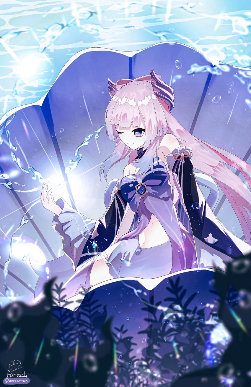 1girl absurdres bare_shoulders blunt_bangs bow-shaped_hair breasts closed_mouth detached_sleeves genshin_impact highres horns hydro_symbol_(genshin_impact) japanese_clothes long_hair long_sleeves medium_breasts navel nontraditional_miko one_eye_closed pink_hair purple_eyes sangonomiya_kokomi seashell shell smile solo stomach thighhighs underwater vision_(genshin_impact) water white_thighhighs wide_sleeves zeroartwo