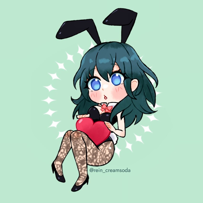 1girl animal_ear_hairband animal_ears artist_name black_footwear black_leotard blue_background blue_eyes blue_hair bow bowtie breasts bunny_day female_byleth_(fire_emblem) chibi chibi_only commentary detached_collar fake_animal_ears fake_tail fire_emblem fire_emblem:_three_houses full_body hairband high_heels leotard long_hair looking_at_viewer nintendo pantyhose playboy_bunny print_pantyhose rabbit_ear_hairband rabbit_ears rabbit_tail red_bow red_bowtie rein_creamsoda simple_background solo strapless strapless_leotard tail
