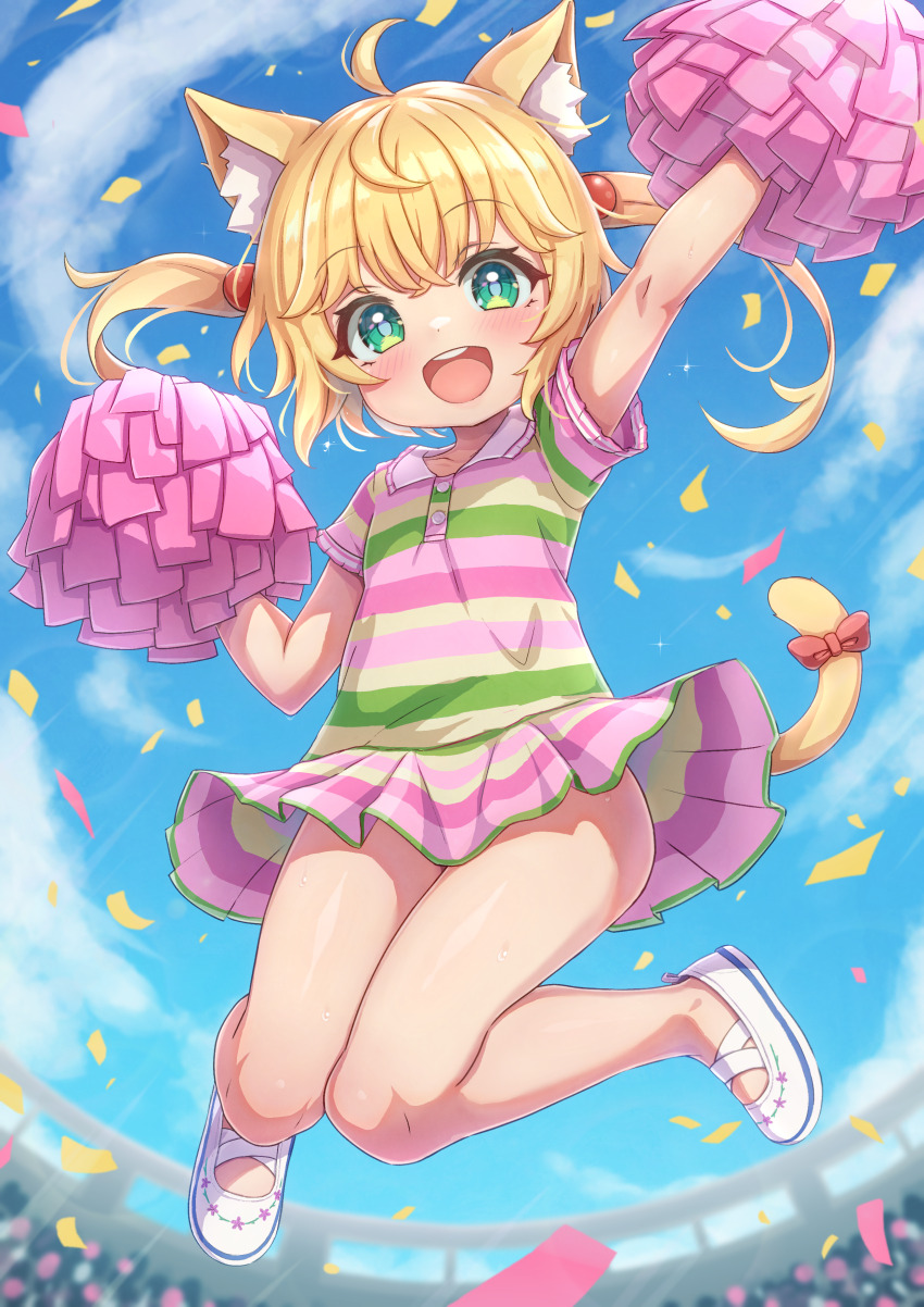 1girl :d absurdres ahoge animal_ear_fluff animal_ears bare_legs blonde_hair bow cat_ears cat_girl cat_tail collared_dress commentary_request commission dress full_body green_dress green_eyes hair_bobbles hair_ornament highres holding holding_pom_poms loli long_hair multicolored_dress open_mouth original pink_dress pixiv_commission pom_pom_(cheerleading) pom_poms red_bow shoes short_sleeves smile solo striped_clothes striped_dress tail tail_bow tail_ornament teeth twintails upper_teeth_only variant_set white_shoes yellow_dress zusshii_(libertasgenesis)