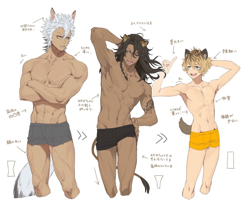 3boys :d abs ahoge animal_ear_fluff animal_ears arm_behind_head arm_tattoo arm_up arrow_(symbol) biceps black_male_underwear blonde_hair blue_eyes brown_hair collarbone commentary_request cropped_legs crossed_arms dark-skinned_male dark_skin double-parted_bangs fangs green_eyes grey_male_underwear groin hair_between_eyes hand_on_own_hip hand_up highres hyena_boy hyena_ears hyena_tail index_finger_raised jack_howl jip leona_kingscholar lion_boy lion_ears lion_tail long_hair looking_at_another looking_to_the_side male_focus male_underwear multicolored_hair multiple_boys navel one_eye_closed open_mouth parted_bangs pectorals ruggie_bucchi scar scar_across_eye scar_on_face short_hair simple_background smile standing stomach streaked_hair tail tattoo translation_request twisted_wonderland underwear v-shaped_eyebrows white_background white_hair wolf_boy wolf_ears wolf_tail yellow_eyes yellow_male_underwear