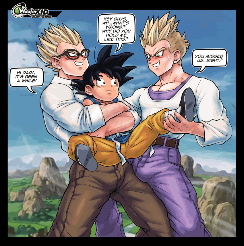 3boys ahegao ahoge animated animated_gif blush bulge cum cum_in_ass cum_on_hair dialogue_box double_penetration dragon_ball dragon_ball_gt ejaculating_while_penetrated ejaculation erection highres male_focus multiple_boys rape restrained shota son_gohan son_goku son_goten super_saiyan transformation wooferkid yaoi