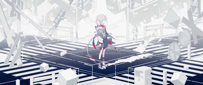 1girl :/ absurdres arms_at_sides blunt_bangs chinese_commentary colored_shadow commentary_request crosswalk cube fagun_yibei floating floating_hair floating_object flying_paper grey_jacket grey_skirt grey_socks highres hood hood_down hooded_jacket intersection jacket kaf_(kamitsubaki_studio) kamitsubaki_studio limited_palette long_hair looking_at_viewer mixed-language_commentary monochrome_background neck_ribbon outdoors paper ponytail railing railroad_signal red_eyes red_ribbon red_skirt red_socks ribbon shadow shoes skirt sneakers socks solo standing two-tone_skirt utility_pole virtual_youtuber white_background wide_shot