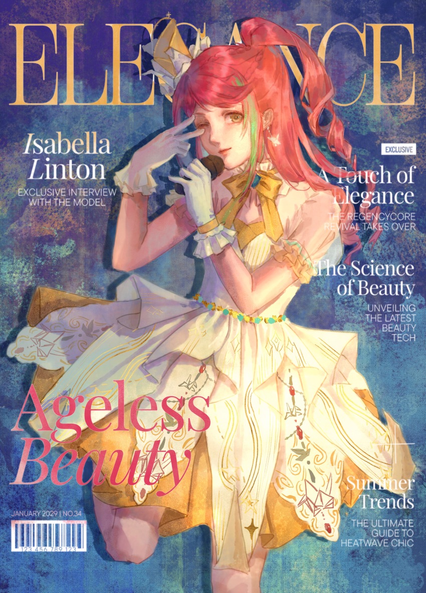 1girl absurdres barcode blue_background bow bowtie brown_eyes chinese_commentary collar commentary_request cover cowboy_shot detached_collar dress drill_hair earrings english_text fake_magazine_cover frilled_collar frilled_gloves frilled_sleeves frills gloves hand_on_own_head happy hat hat_ornament highres holding holding_microphone infinity_nikki jewelry layered_dress leg_up long_hair magazine_cover microphone mini_hat mini_top_hat multicolored_hair nikki_(nikki) nikki_(series) one_eye_closed one_side_up origami paper_crane pink_hair pleated_dress puffy_short_sleeves puffy_sleeves sea0 see-through_clothes see-through_sleeves short_dress short_sleeves solo streaked_hair top_hat v white_dress white_gloves wings_of_wishes_(infinity_nikki) yellow_bow yellow_bowtie yellow_collar yellow_dress yellow_hat