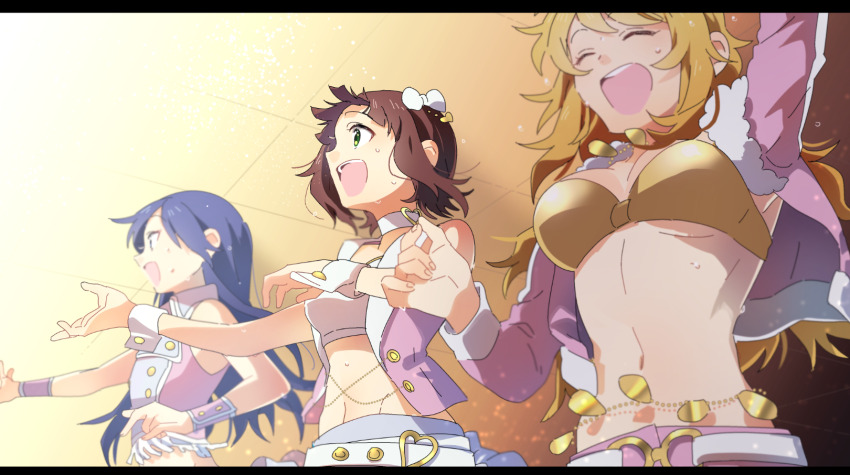3girls ^_^ amami_haruka arm_up armband bare_shoulders belly_chain belt blonde_hair blue_hair blurry blush breasts brown_eyes brown_hair choker cleavage closed_eyes crop_top cropped_shirt flat_chest fur-trimmed_jacket fur_trim gradient_background green_eyes grey_skirt hair_ornament hair_ribbon heart heart_belt heart_hair_ornament highres hoshii_miki idolmaster idolmaster_(classic) idolmaster_million_live! idolmaster_million_live!_theater_days jacket jewelry kisaragi_chihaya large_breasts long_hair long_sleeves luxury_(idolmaster) medium_breasts midriff multiple_girls navel necklace open_clothes open_jacket open_mouth pink_armband pink_diamond_765_(idolmaster) pink_jacket pink_shorts pleated_skirt reaching ribbon shirt short_hair shorts skirt sleeveless sleeveless_jacket smile sweat sweatdrop takumi_(scya) teeth two-tone_background white_belt white_choker white_ribbon white_shirt white_wrist_cuffs wrist_cuffs