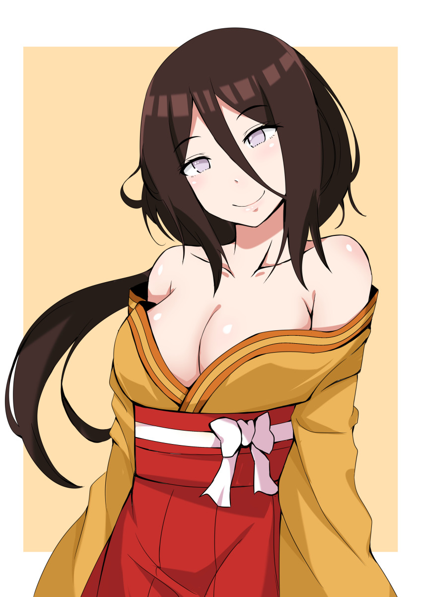1girl absurdres bare_shoulders border boruto:_naruto_next_generations boruto:_naruto_the_movie breasts brown_background brown_hair byakugan cleavage collarbone female_focus hair_between_eyes hakama hakama_skirt head_tilt highres hyuuga_hanabi japanese_clothes kimono large_breasts long_hair looking_at_viewer naruto naruto_(series) no_pupils off_shoulder orange_kimono pandacross purple_eyes red_hakama skirt smile solo white_border