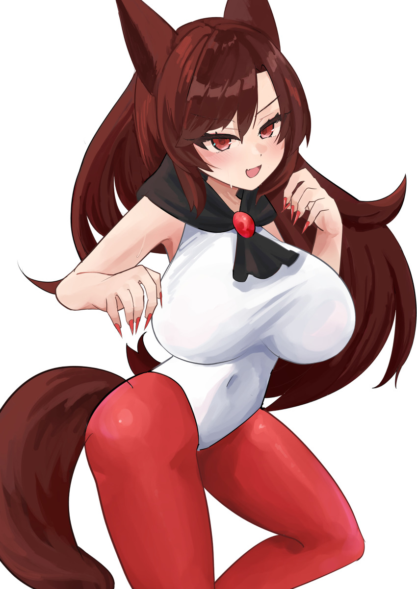 1girl absurdres adapted_costume animal_ears asymmetrical_bangs black_neckerchief brooch brown_hair commentary_request cowboy_shot fang fingernails highres imaizumi_kagerou jewelry leotard long_fingernails long_hair looking_at_viewer neckerchief open_mouth pantyhose red_eyes red_nails red_pantyhose shinonome_zakuro simple_background skin_fang smile solo tail touhou v-shaped_eyebrows white_background white_leotard wolf_ears wolf_girl wolf_tail