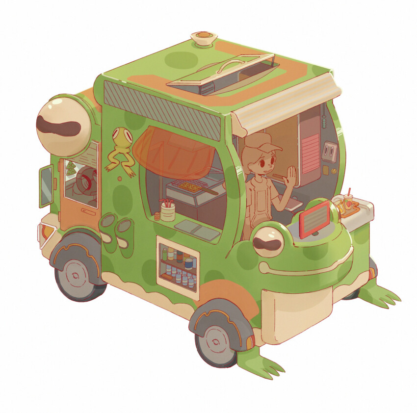 1girl barmaglotik baseball_cap car commentary cup drinking_straw english_commentary food food_stand food_truck frog hand_up hat highres motor_vehicle open_mouth original sign simple_background smile solo tray waving white_background