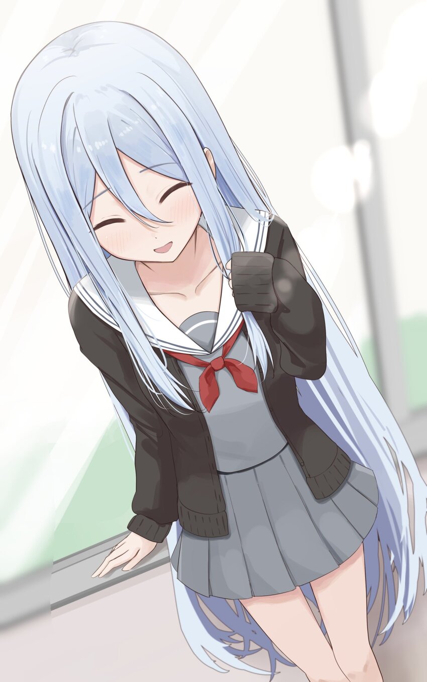 1girl arm_rest bare_legs black_cardigan blush breasts cardigan closed_eyes collarbone commentary day double-parted_bangs english_commentary facing_viewer from_above grey_serafuku grey_shirt grey_skirt hair_between_eyes hand_up highres indoors kunizaki long_hair long_sleeves miyamasuzaka_girls&#039;_academy_school_uniform neckerchief open_cardigan open_clothes open_mouth pleated_skirt project_sekai red_neckerchief sailor_collar school_uniform serafuku shirt sidelocks skirt sleeves_past_wrists small_breasts solo standing straight_hair very_long_hair white_hair white_sailor_collar yoisaki_kanade