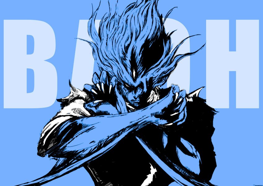 1boy arm_blade baoh baoh_raihousha black_sclera blue_hair blue_skin blurry blurry_background character_name claws colored_sclera colored_skin english_text floating_hair highres messy_hair monster shadow third_eye upper_body weapon yoshiokanp