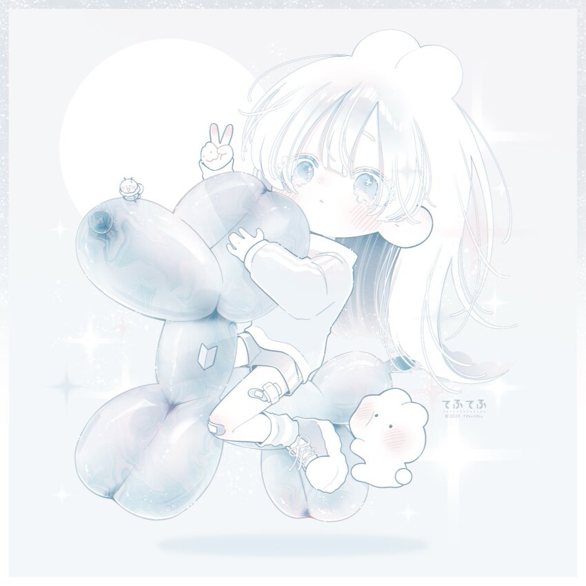 1girl animal_ears artist_name bandaid bandaid_on_knee bandaid_on_leg blush eyelashes fingerprint full_body gauze gauze_on_leg hair_between_eyes highres long_hair long_sleeves looking_at_viewer monochrome original parted_lips rabbit_ears shirt shoes sidelocks sitting sneakers socks solo square thk_41 v white_theme