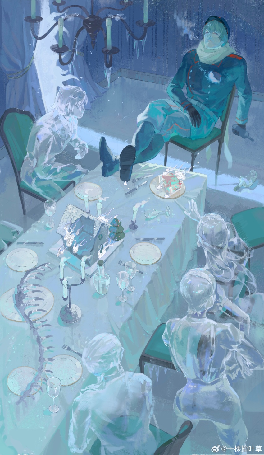 2girls 3boys absurdres axis_powers_hetalia belarus_(hetalia) boots bottle candle character_request coat cup ghost grey_hair hat highres holding holding_bottle indoors lithuania_(hetalia) long_sleeves multiple_boys multiple_girls on_chair pants plate purple_eyes russia_(hetalia) scarf short_hair sitting table transparent ukraine_(hetalia) yi_ke_shi_ye_cao