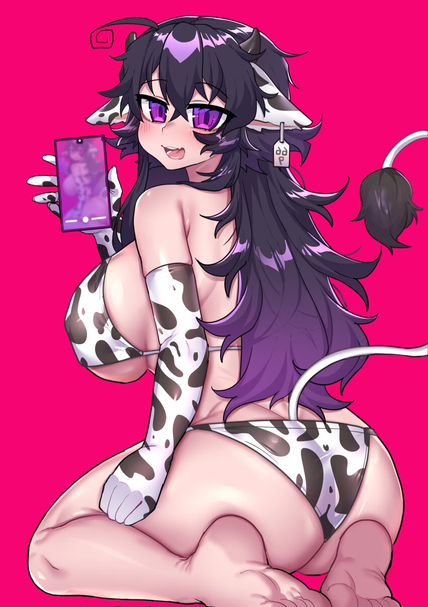 1girl absurdres ahoge animal_ears animal_print arms_behind_back ass barefoot bell bikini blush breasts cellphone cleavage collar cow_ears cow_girl cow_print cow_print_bikini cow_print_gloves cowbell crawling_dreams curvy ear_tag elbow_gloves gloves gradient_hair highres holding holding_phone horns huge_breasts long_hair looking_back merryweather messy_hair multicolored_hair naughty_face navel nyarla_(osiimi) osiimi panties phone print_bikini print_gloves purple_eyes purple_hair seiza sitting smartphone soles solo swimsuit tail thick_thighs thighs underwear wedgie wide_hips