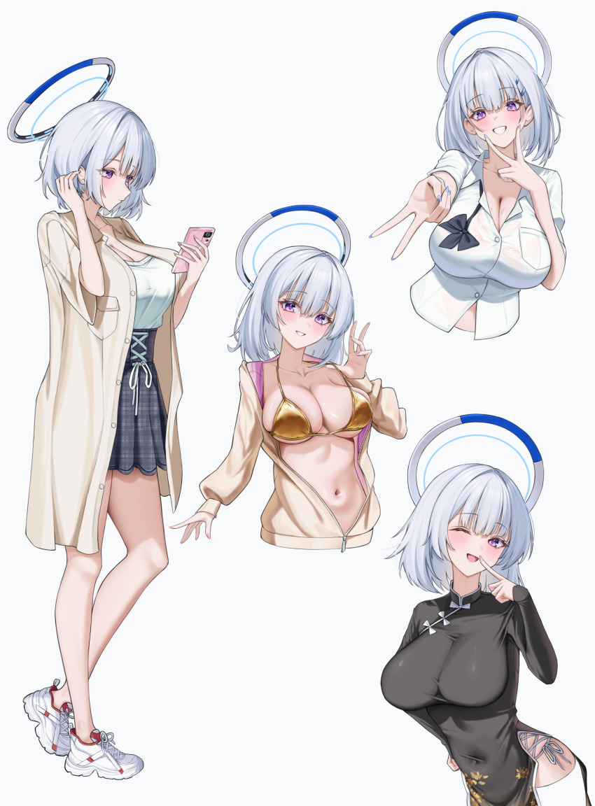 1girl absurdres alternate_costume alternate_hair_length alternate_hairstyle bikini black_dress black_skirt blue_archive blush cellphone china_dress chinese_clothes closed_mouth double_v dress floral_print floral_print_dress gold_bikini grey_hair grin gyaru_v hair_between_eyes high-waist_skirt highres holding holding_phone jacket lanhua227 looking_at_viewer noa_(blue_archive) one_eye_closed open_clothes open_jacket open_mouth open_shirt phone print_dress purple_eyes shirt shoes short_hair short_sleeves sidelocks skirt smartphone smile solo swimsuit thighhighs v white_shirt white_shoes white_thighhighs yellow_jacket yellow_shirt