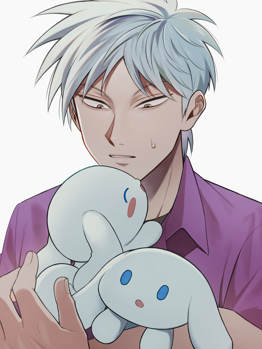 1boy akagi:_yami_ni_oritatta_tensai akagi_shigeru cinnamoroll collared_shirt commentary_request crossover dog fukumoto_mahjong fuwa_fuwa_cinnamoroll grey_eyes grey_hair highres male_focus niwatori_panda purple_shirt sanrio shirt short_hair simple_background solo sweatdrop upper_body white_background