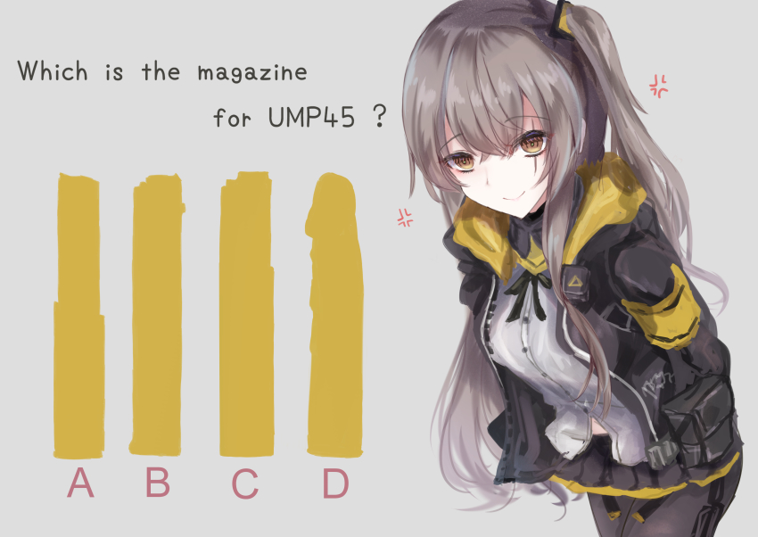 1girl absurdres anger_vein black_jacket black_pantyhose black_skirt brown_hair english_text girls&#039;_frontline highres hood hooded_jacket jacket leaning_forward long_hair looking_at_viewer magazine_(weapon) martinreaction midriff_peek miniskirt neck_ribbon pantyhose penis pleated_skirt quiz ribbon scar scar_across_eye scar_on_face shirt side_ponytail skirt smile solo ump45_(girls&#039;_frontline) white_shirt yellow_eyes