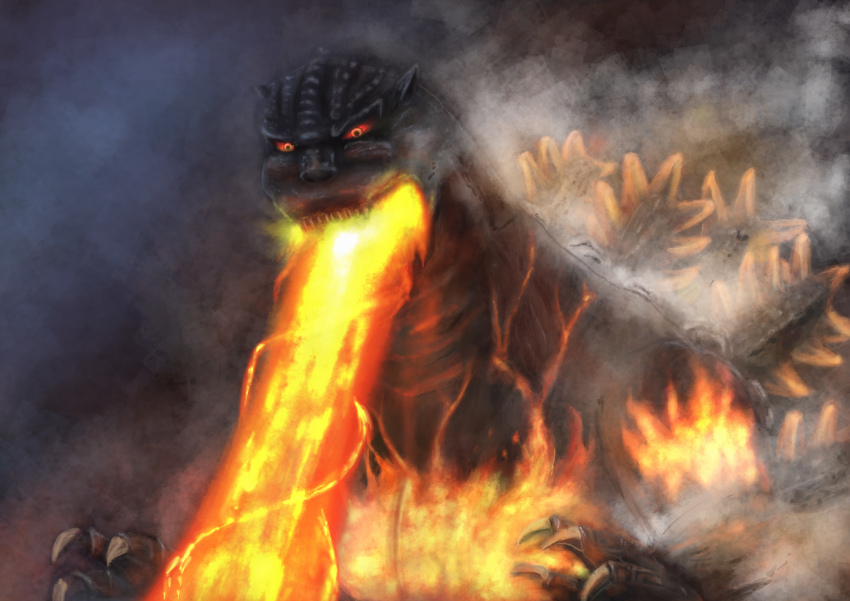 absurdres alternate_form atomic_breath aura breath_weapon burning_godzilla dinosaur e24794241_(artist) energy energy_beam glowing glowing_eyes godzilla godzilla_vs._destoroyah highres kaiju mouth_beam orange_eyes plasma red_eyes red_spiral_ray smoke steam steaming_body toho