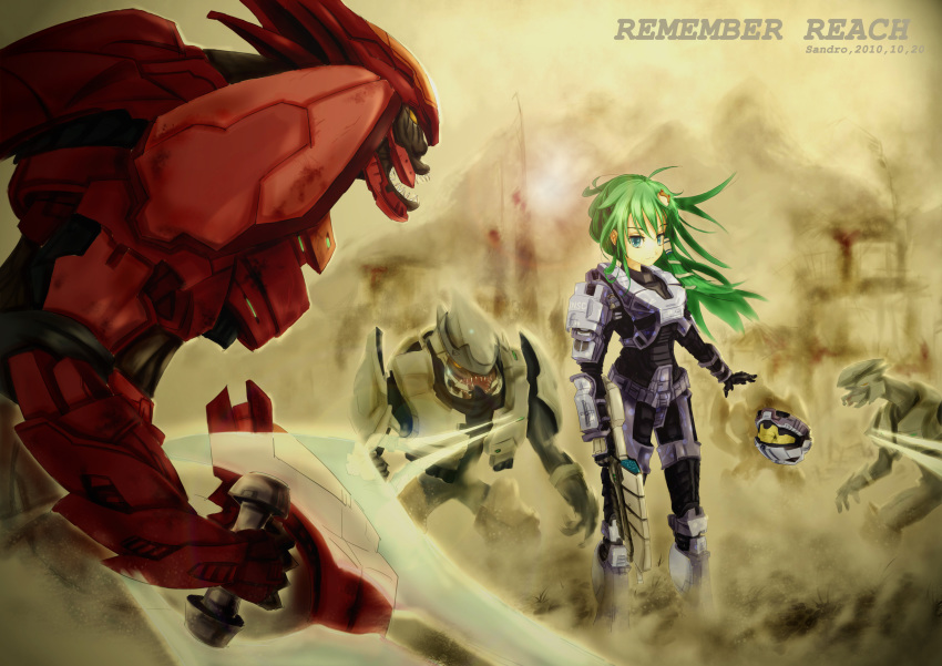 2010 absurdres armor assault_rifle bad_id bad_pixiv_id battle blue_eyes crossover damaged sangheili energy_sword frog green_hair gun hair_ornament halo:_reach halo_(game) halo_(series) helmet highres kochiya_sanae power_suit rifle sangheili snake spark_(sandro) spartan spartan-b312 sword touhou weapon you_gonna_get_raped