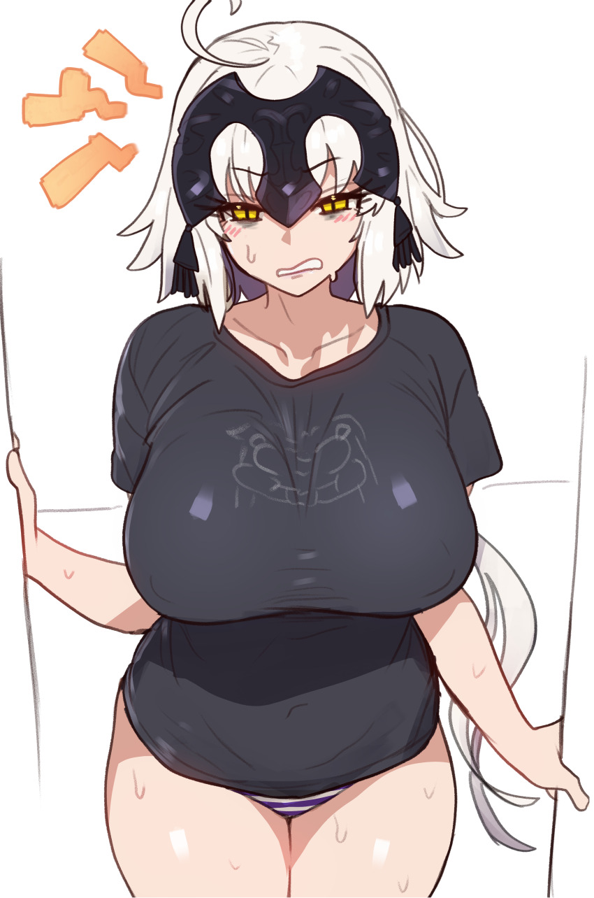 1girl absurdres ahoge alternate_costume black_shirt blush bora breasts clenched_teeth fate/grand_order fate_(series) grey_hair headpiece highres jeanne_d&#039;arc_alter_(fate) large_breasts long_hair looking_at_viewer non-web_source panties shirt short_sleeves solo striped_clothes striped_panties teeth thighs underwear wide_hips yellow_eyes